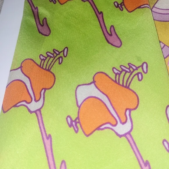 Peter Max Silk Tie Signed Pop Art Chartreuse Orange PurpleIris Floral Print